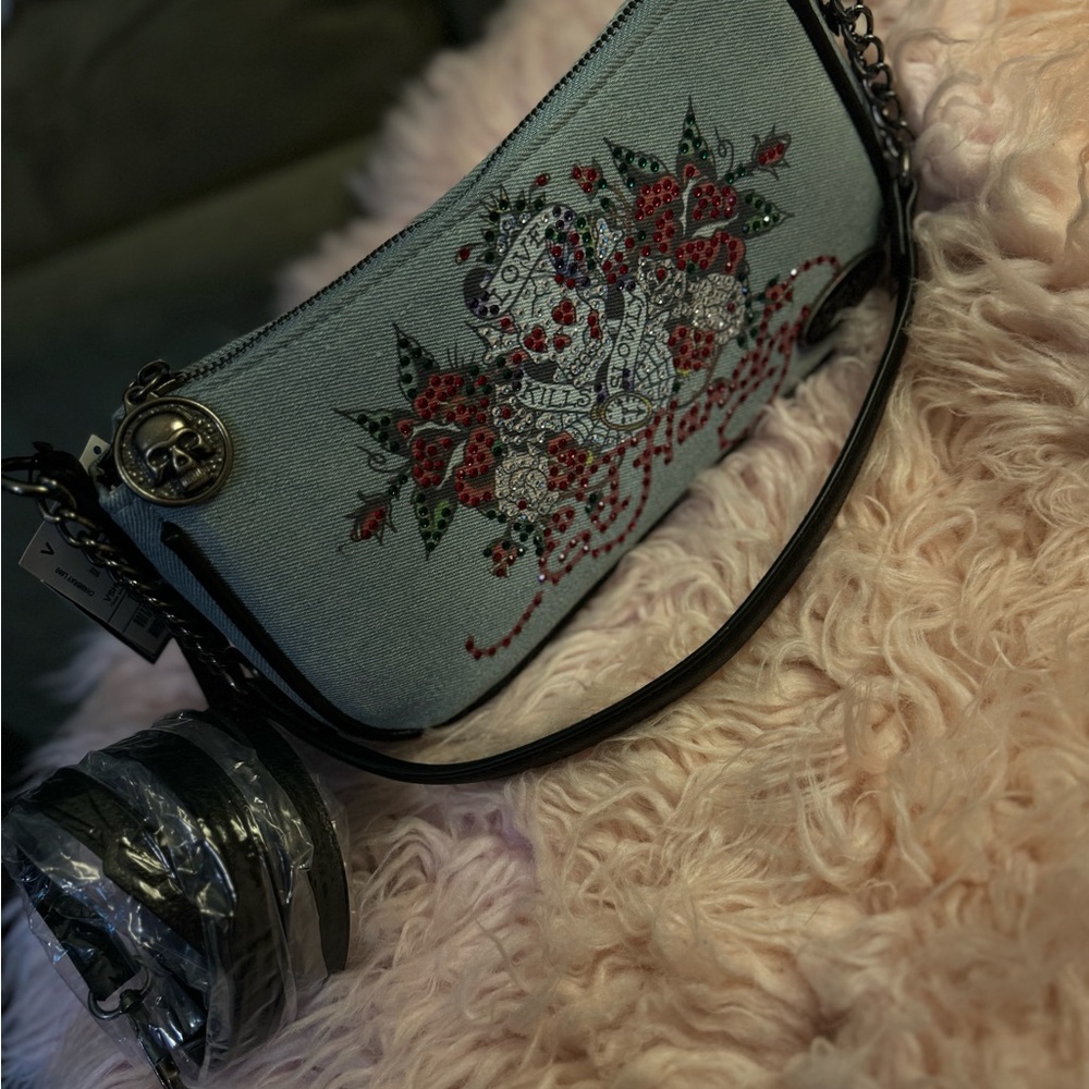 Christian Audigier Blue Embroidered Shoulder Bag